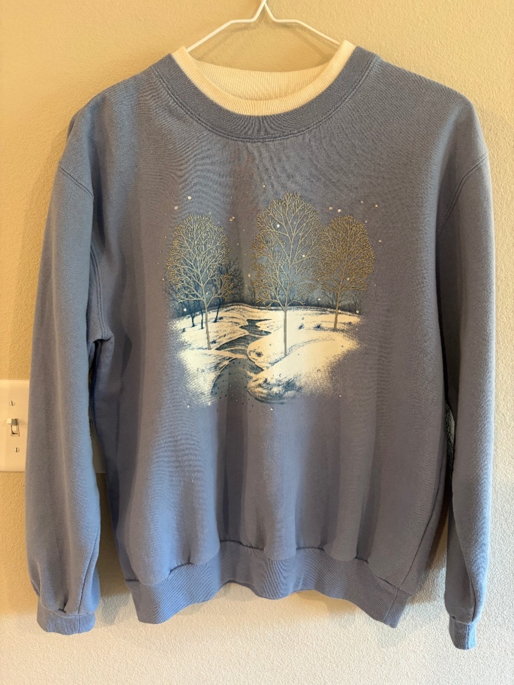 Vintage Light Blue Winter Snowy Trees Morning Sun Top Stitch Collared Sweater